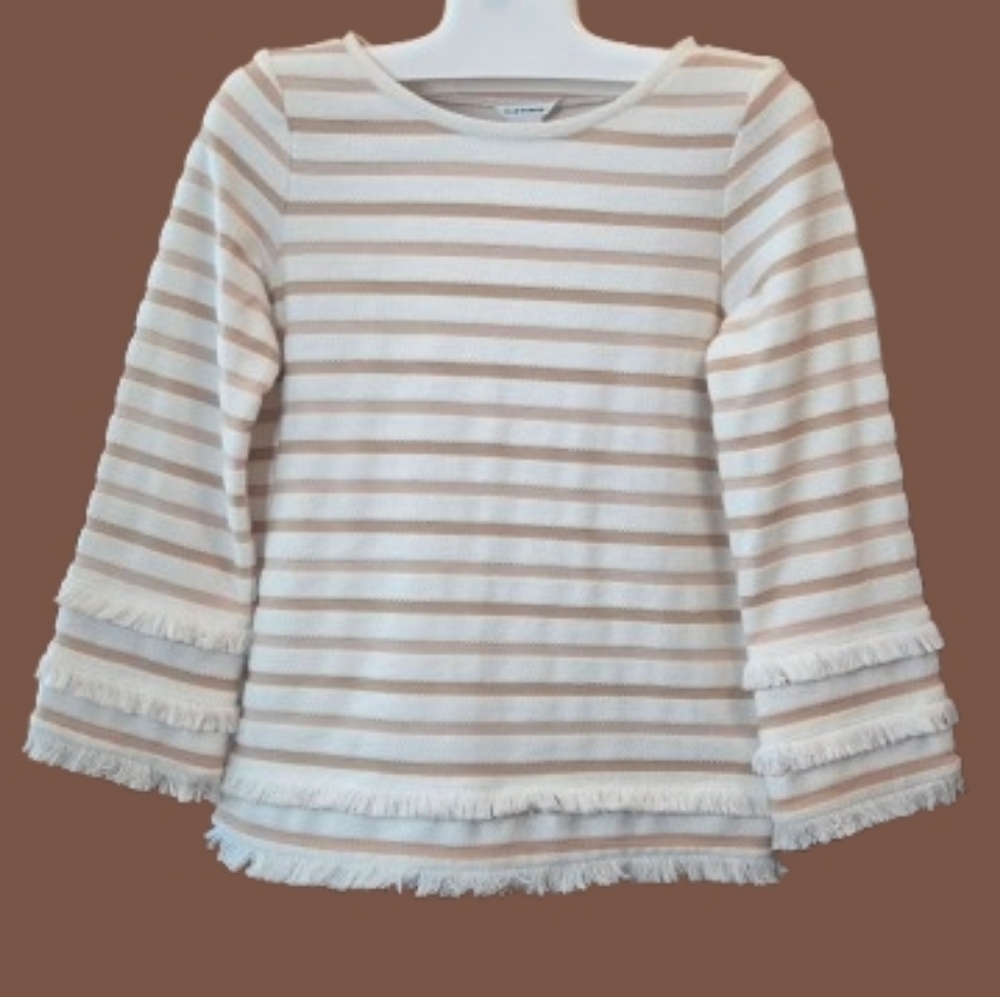 Club Monaco Cotton Brown And Cream Striped Fringe Long Sleeve‎ Top - Size XS